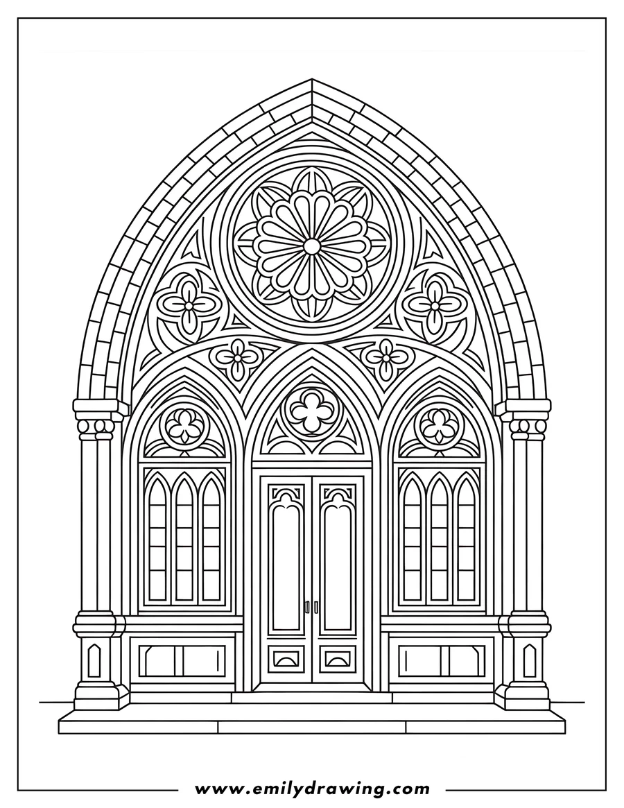 Line art of a Gothic cathedral entrance with arched doorway, stained glass windows, and detailed architectural features.