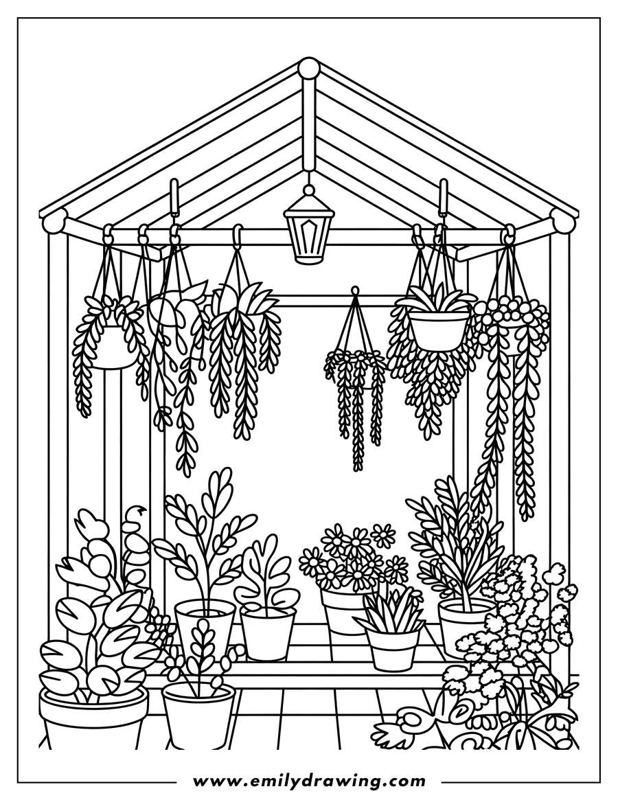 Line art of a greenhouse filled with various potted plants, including hanging plants and plants on shelves, with a lantern hanging from the ceiling.