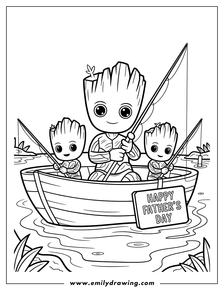Line art depicting Groot and two Baby Groots fishing together in a small rowboat on the water, featuring a sign for Happy Father's Day.