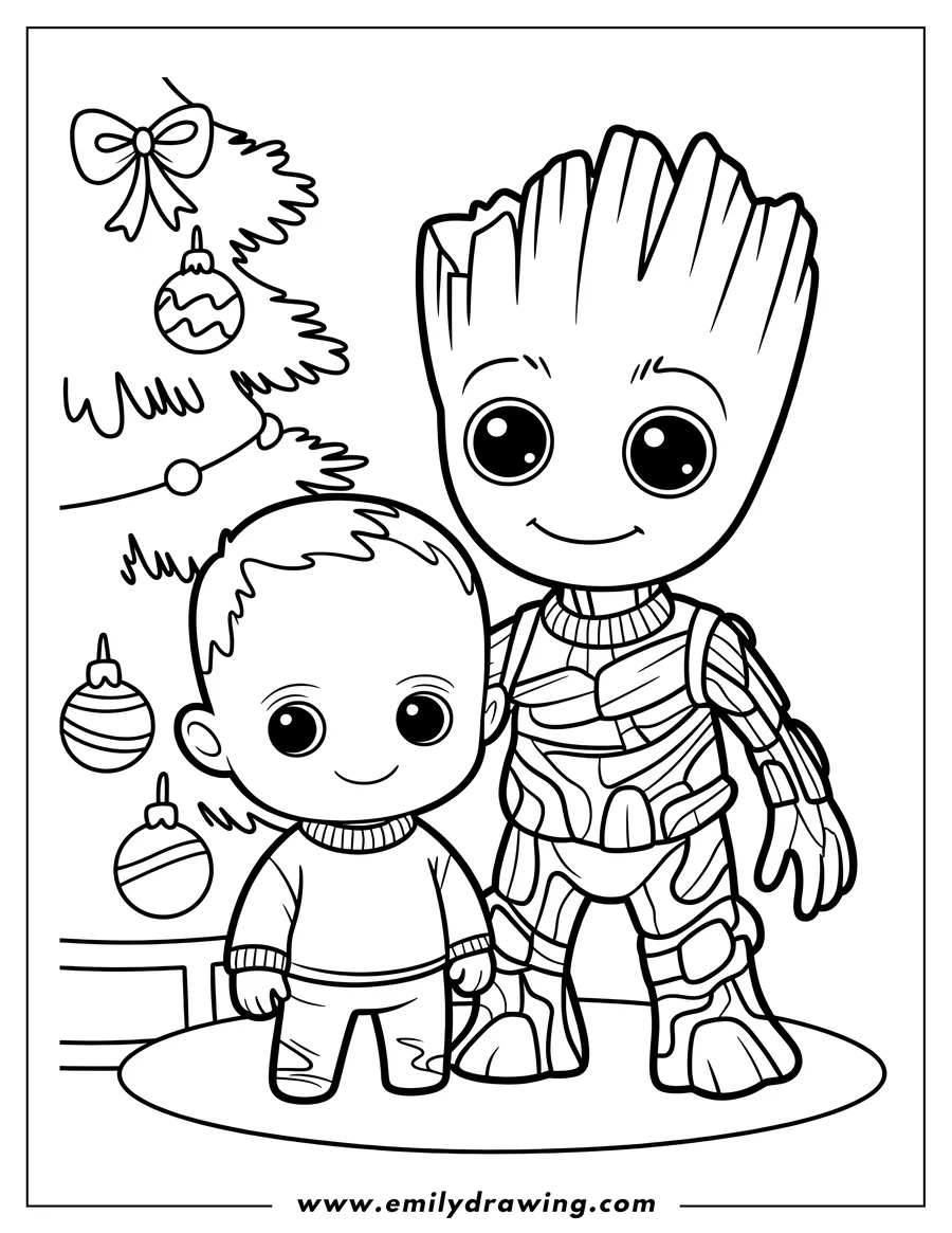 Outline of Baby Groot and a small child wearing a sweater, standing together near a decorated Christmas tree with ornaments.