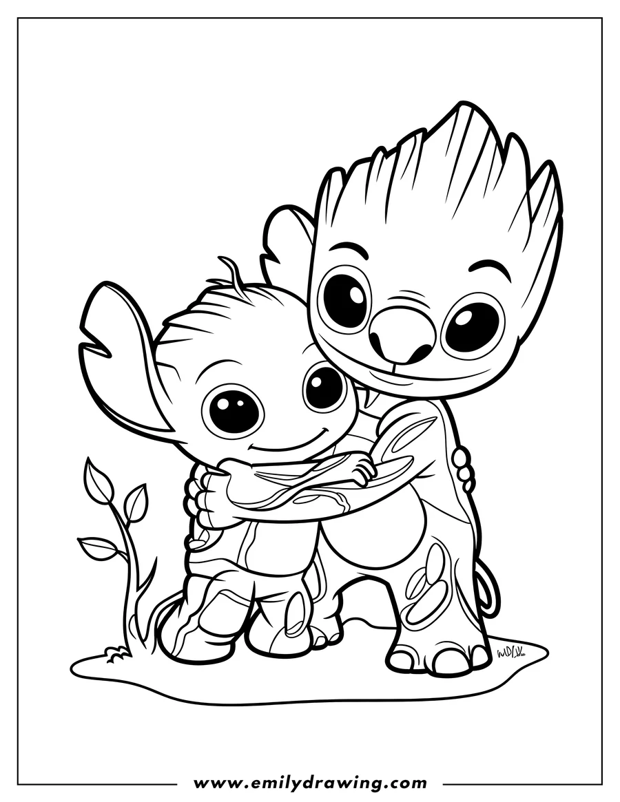 Outline of Baby Groot and Stitch standing together on a patch of ground, sharing a warm embrace and smiling happily.
