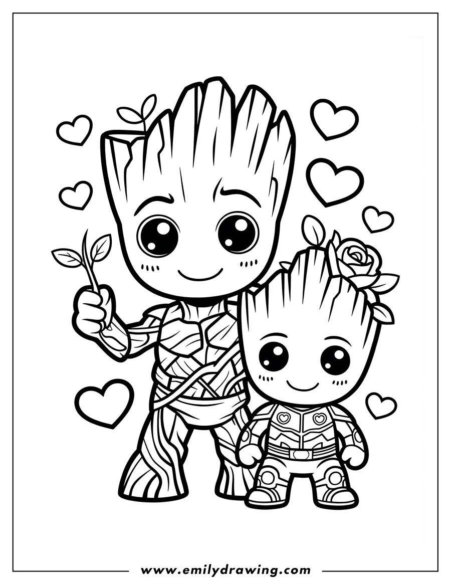 Outline of Groot and Baby Groot standing together in a cute, chibi style, surrounded by floating hearts. The larger figure holds a leafy sprout, and the smaller figure has a rose on its head.