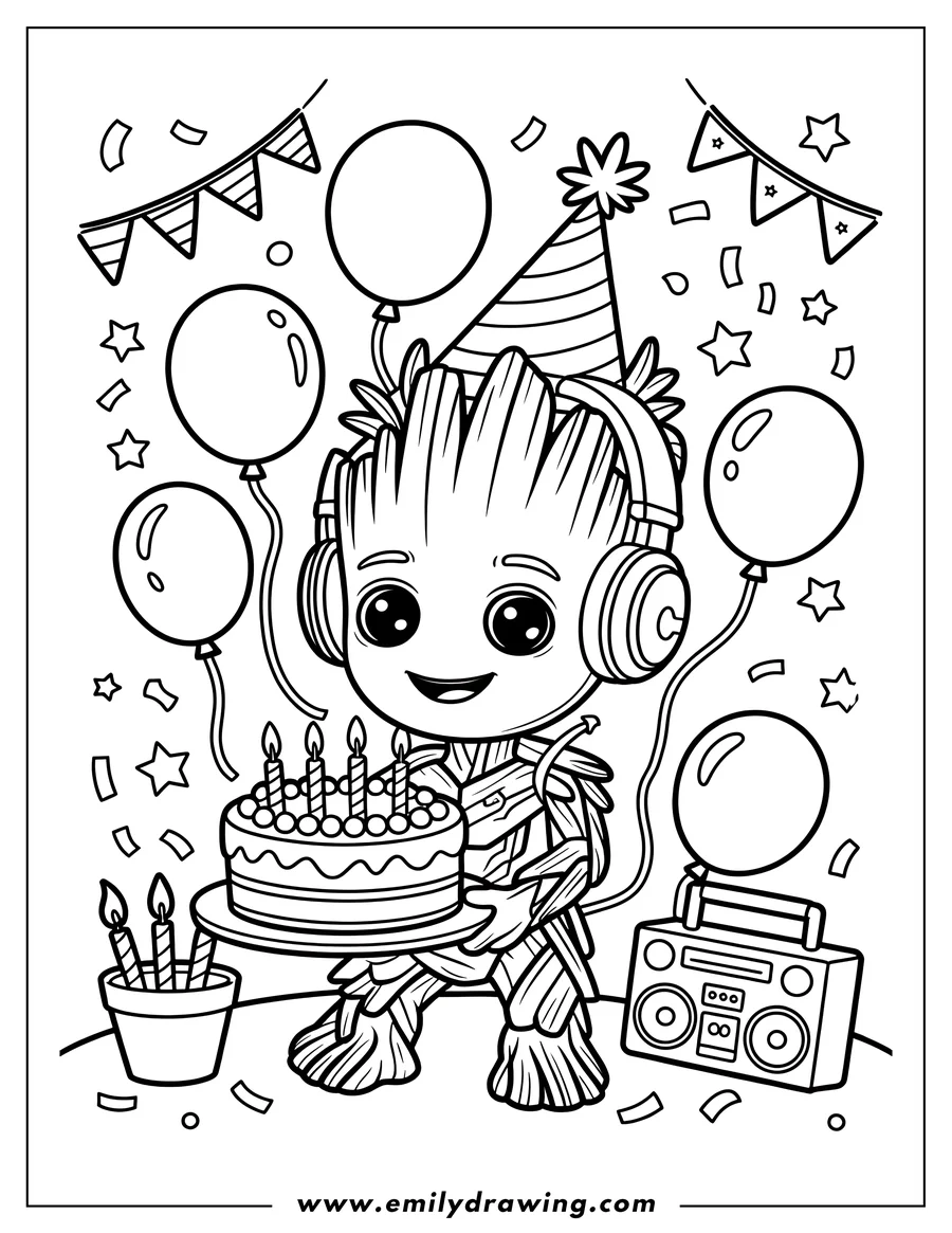Line art of Groot wearing a party hat and headphones, holding a birthday cake surrounded by balloons, confetti, and a boombox.