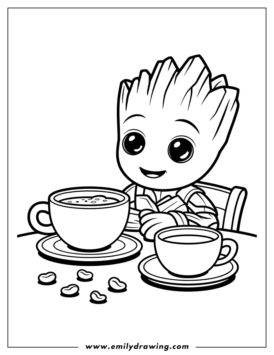 Outline drawing of Baby Groot sitting behind a table, smiling happily. Two large mugs of hot beverage and scattered coffee beans are visible on the table surface.