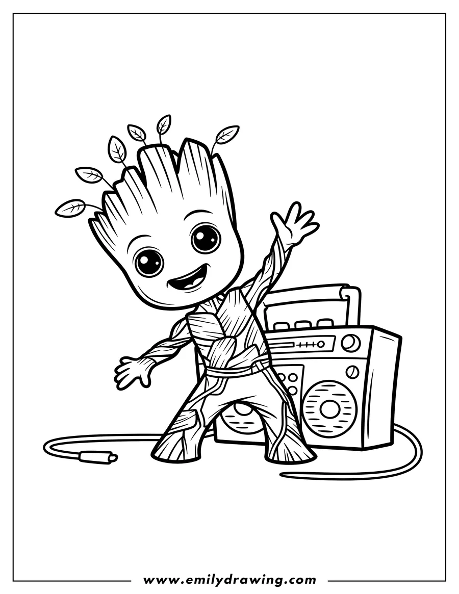Line art of Baby Groot dancing and posing next to a large retro boombox radio, ready to play music.