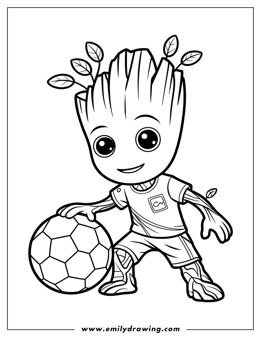 Outline of Baby Groot wearing a soccer uniform, crouching low while dribbling a large soccer ball.