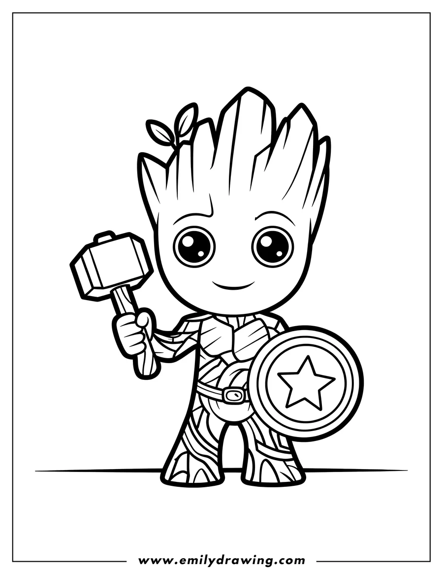 Line art of Baby Groot standing, wearing armor, while holding a large hammer in his right hand and a round shield marked with a star in his left hand.