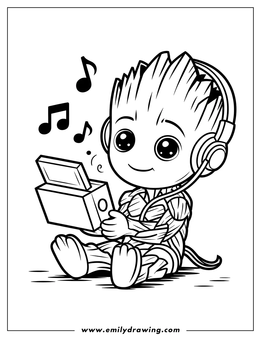 Line art of Baby Groot sitting and smiling, wearing headphones and holding an open music player. Music notes float up from the device.