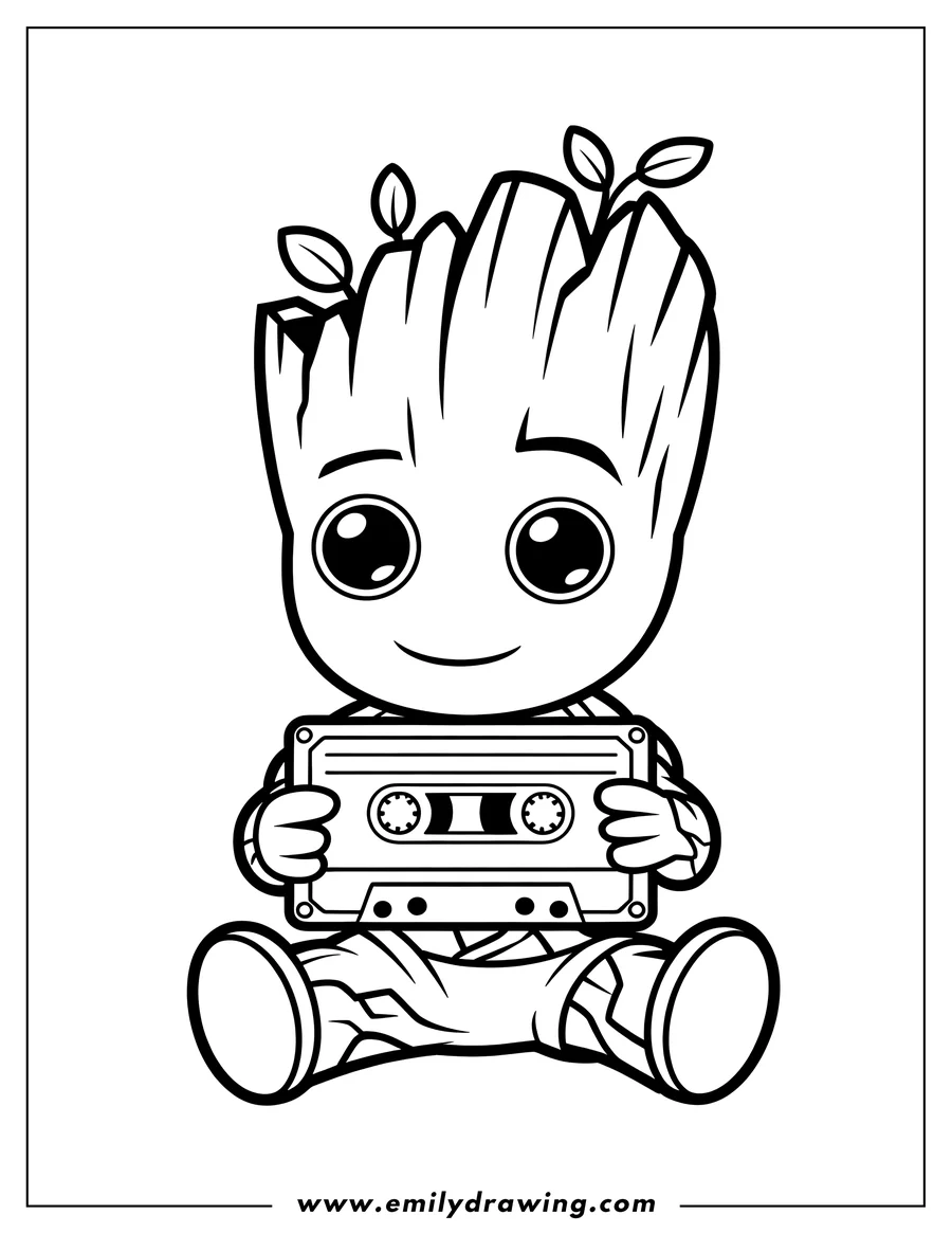 Outline of the sitting Marvel character Baby Groot with small leaves on his head, happily holding a vintage audio cassette tape.