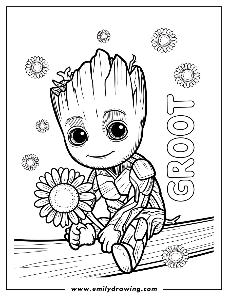 Outline of Baby Groot sitting on a thick tree branch and gently holding a large daisy or sunflower. The word GROOT is written vertically next to him.