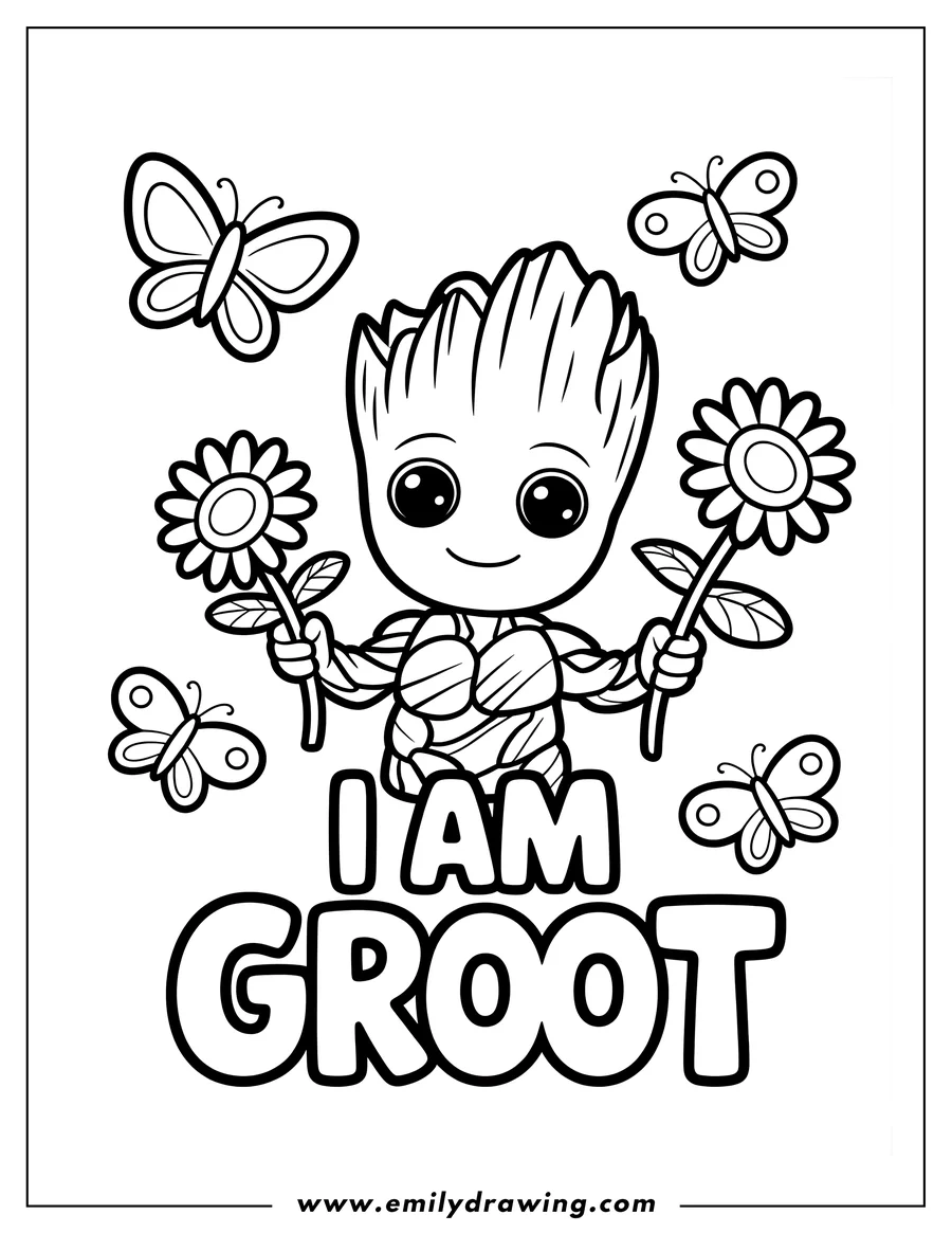 Line art of Baby Groot holding a sunflower in each hand, surrounded by four flying butterflies. Large text below the figure reads 