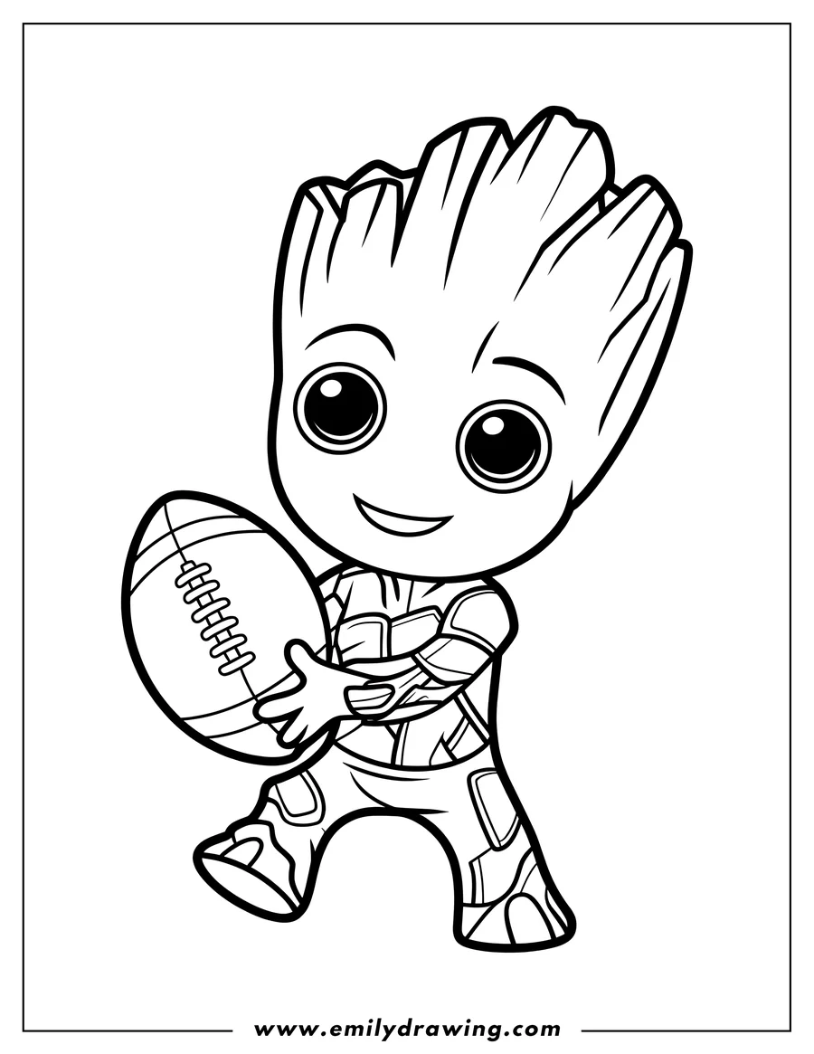 Outline of the character Baby Groot, smiling widely and holding a large, laced football in both hands.