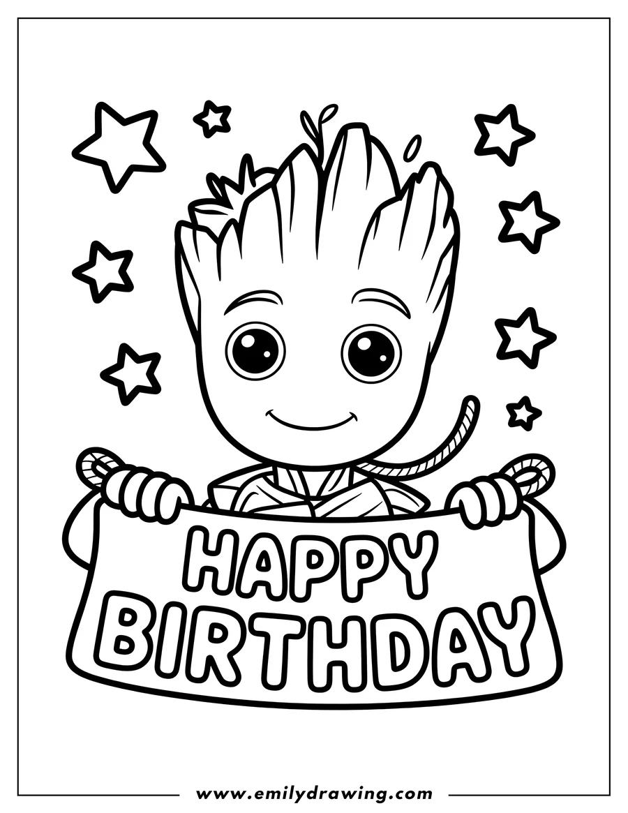 Outline of the Marvel character Baby Groot smiling and holding a banner that reads 