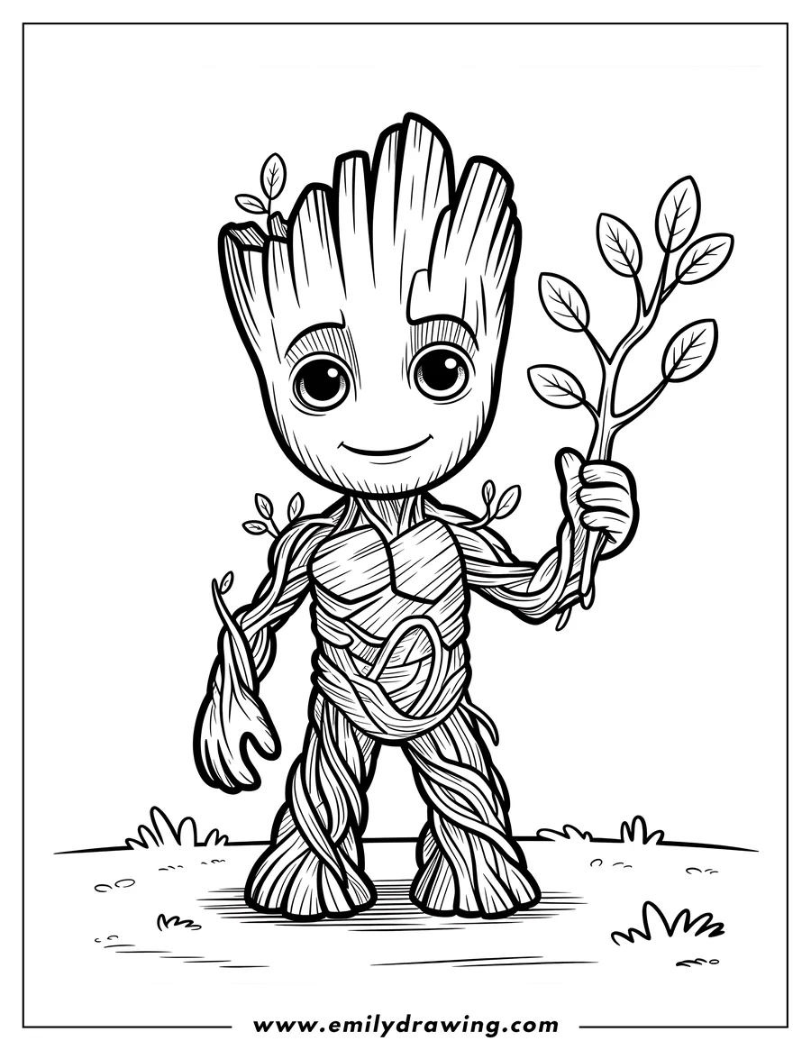 Outline of Baby Groot, the sentient tree alien, standing happily while holding a leafy branch in his hand on a patch of grass.