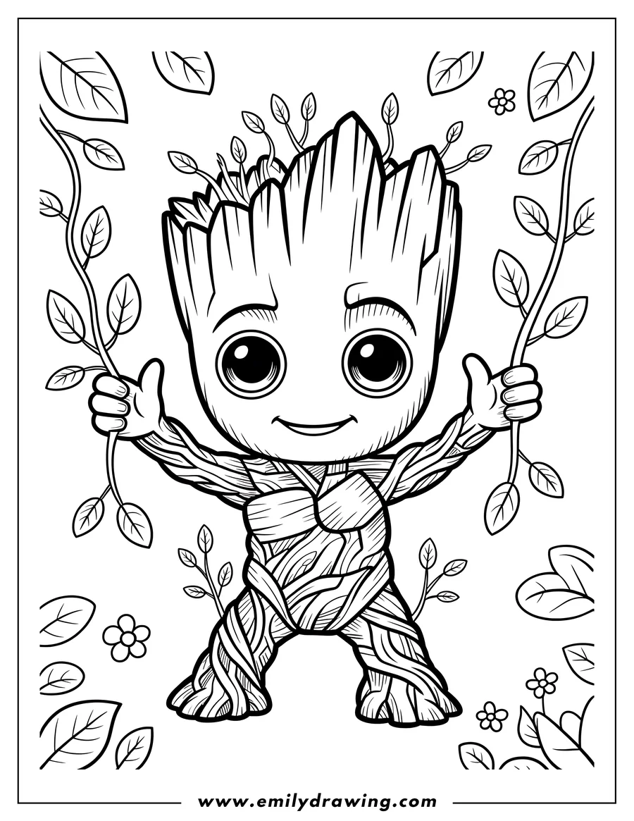 Line art of Baby Groot standing happily, holding onto two long leafy vines, surrounded by large leaves and small flowers.