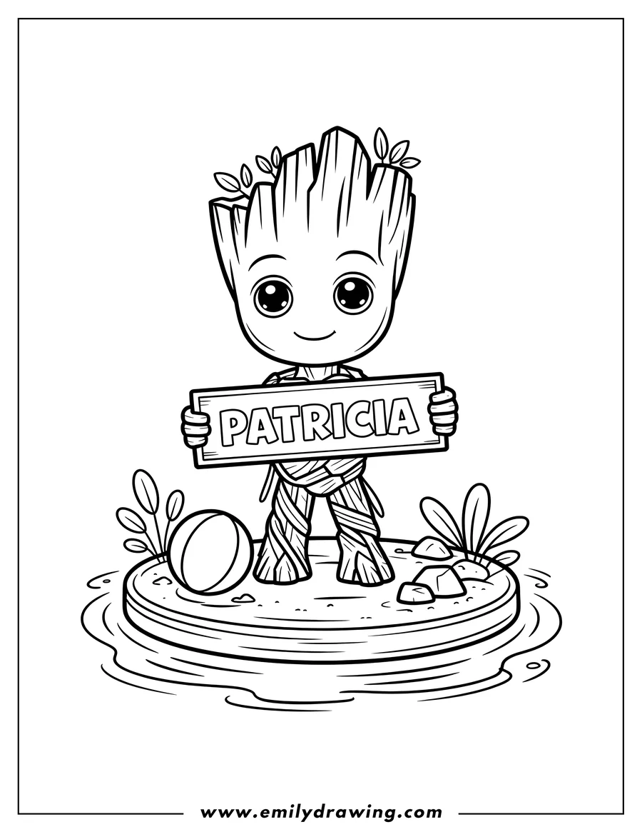 Outline of Baby Groot from Guardians of the Galaxy, smiling while holding a personalized rectangular sign displaying the name 'Patricia'. He is standing on a small patch of ground surrounded by water, next to a ball and plants.