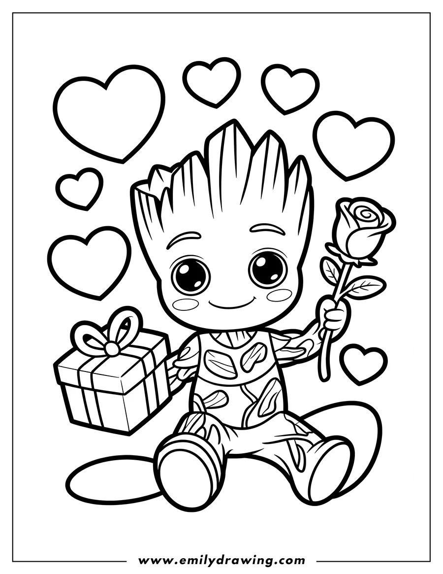 Line art of Baby Groot sitting, holding a single rose in one hand and a wrapped gift box in the other, surrounded by floating heart outlines.