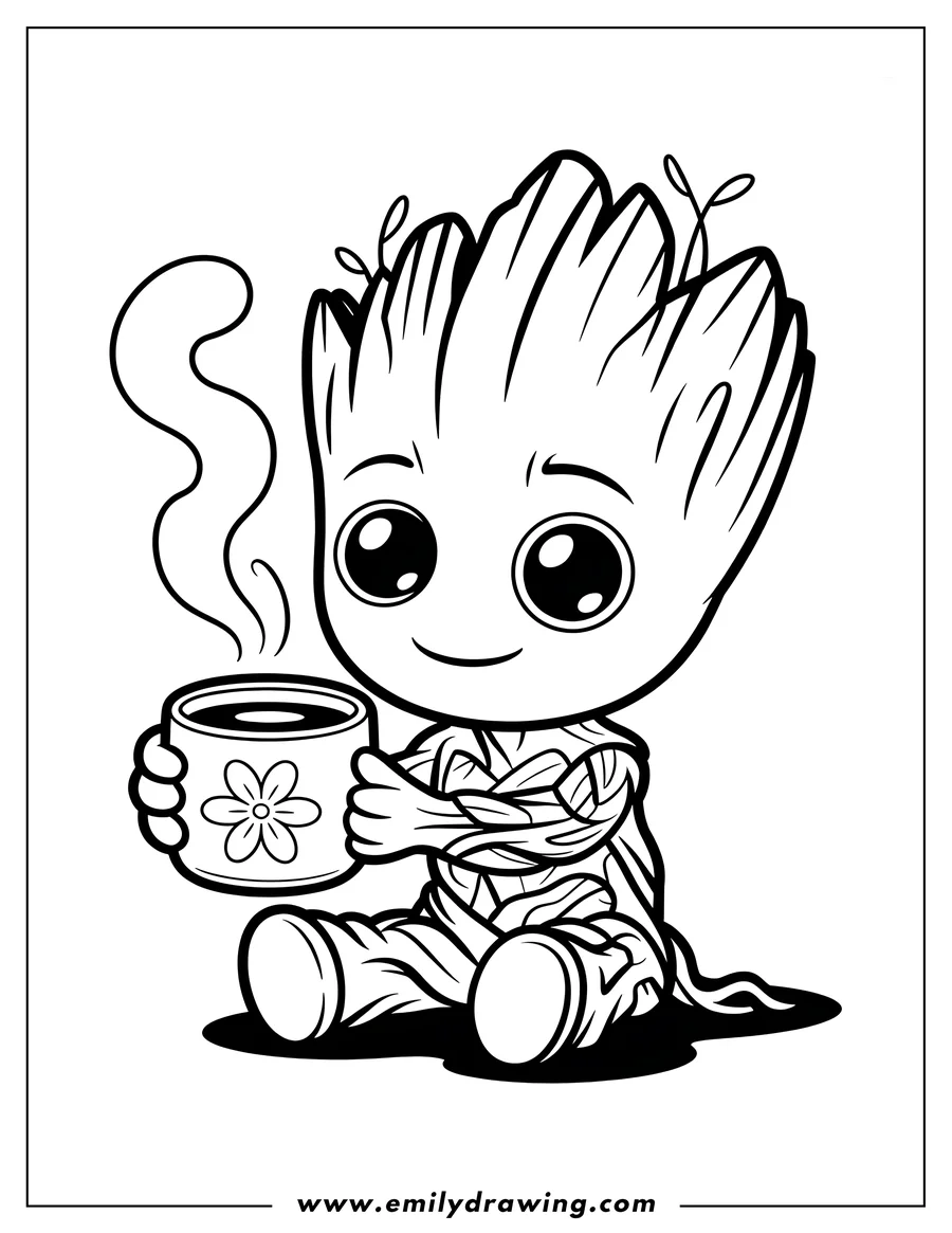 Outline of Baby Groot sitting down while holding a steaming mug decorated with a large flower.