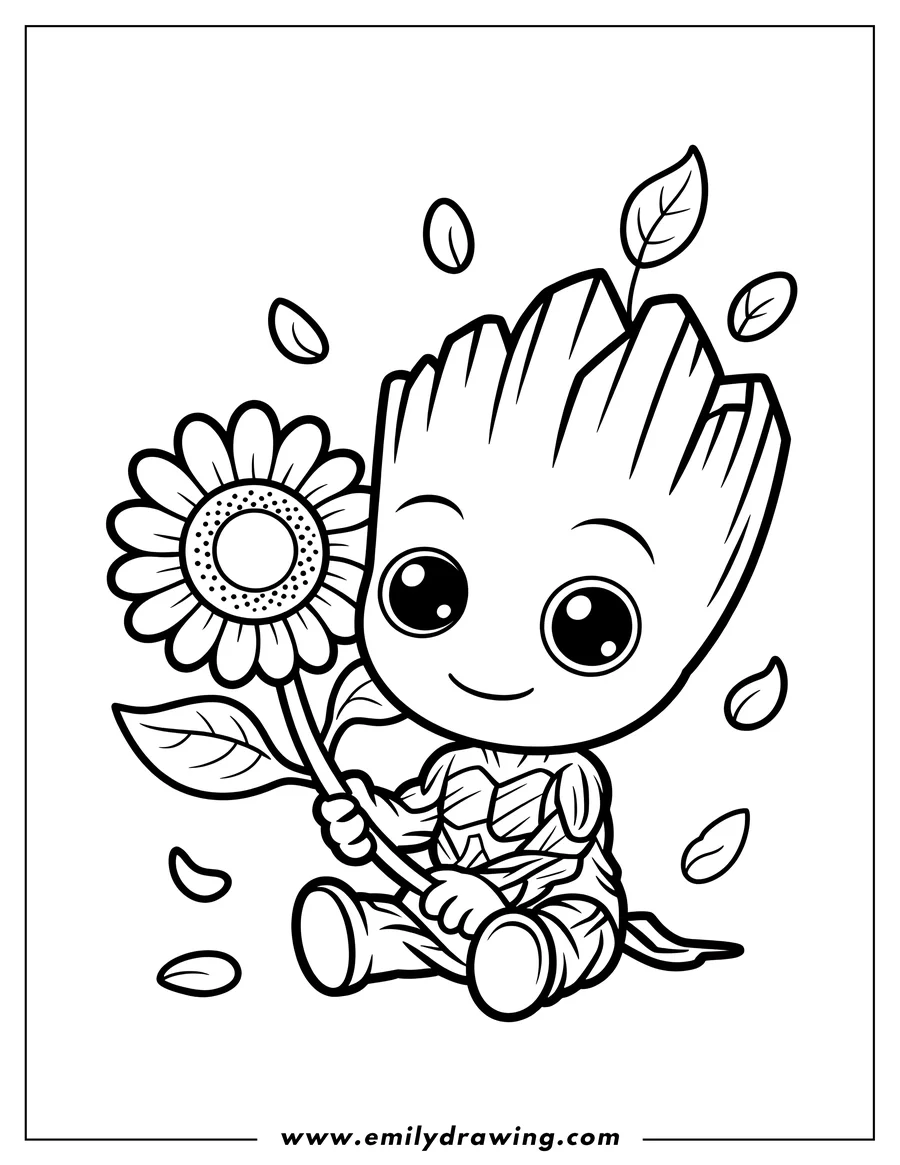 Outline of Baby Groot sitting down and gently holding a large sunflower. Leaves are falling and floating around the famous character.