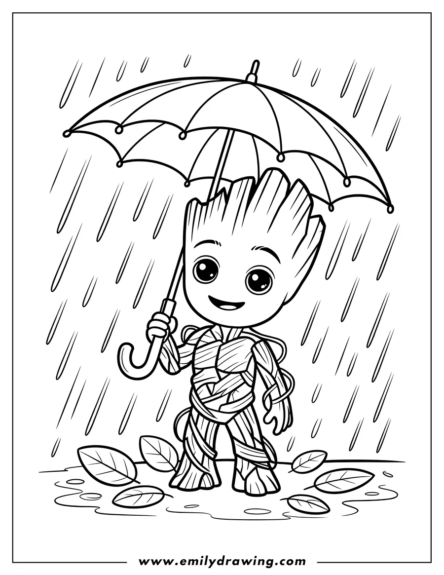 Outline of the character Groot holding an open umbrella while standing in heavy rain with fallen leaves scattered on the wet ground.