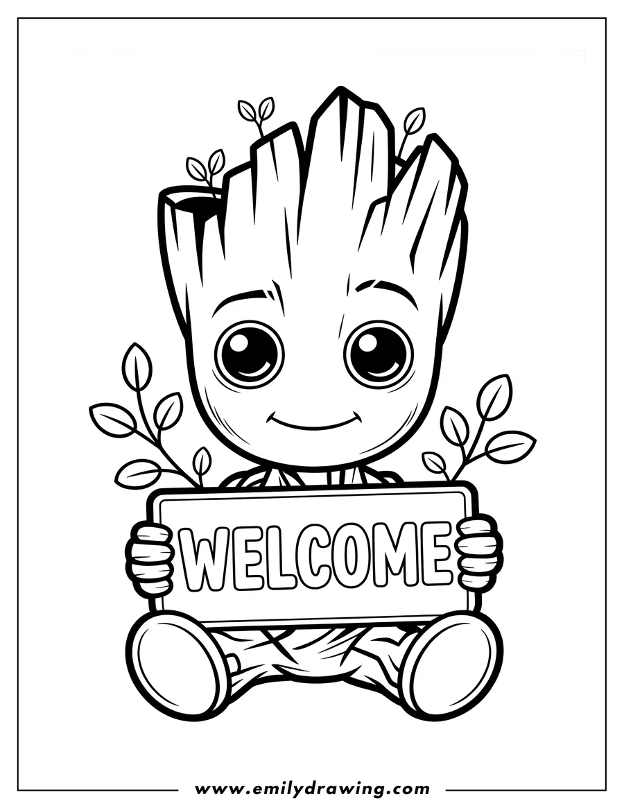 Outline of Baby Groot sitting and smiling, holding a sign that reads WELCOME. Small leaves sprout from his head and branches.