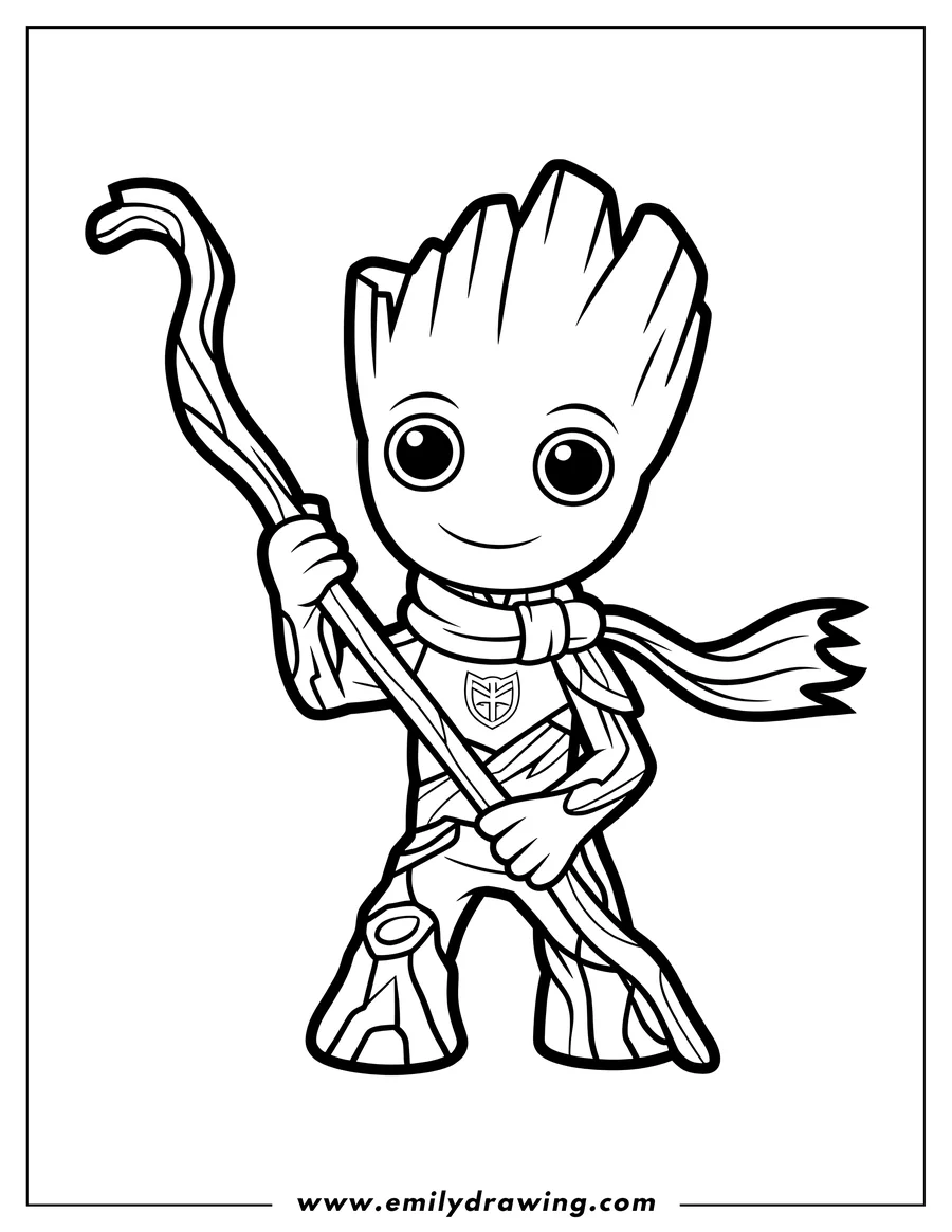 Outline of the cartoon character Baby Groot standing, wearing a scarf and armor, and holding a curved wooden staff.