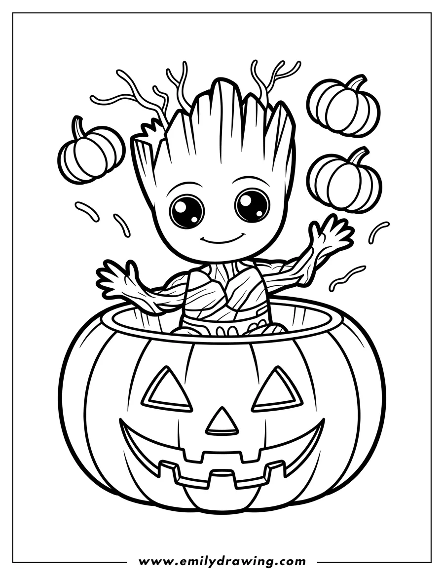 Outline of Baby Groot sitting inside a carved Halloween Jack-o'-lantern, surrounded by smaller pumpkins.
