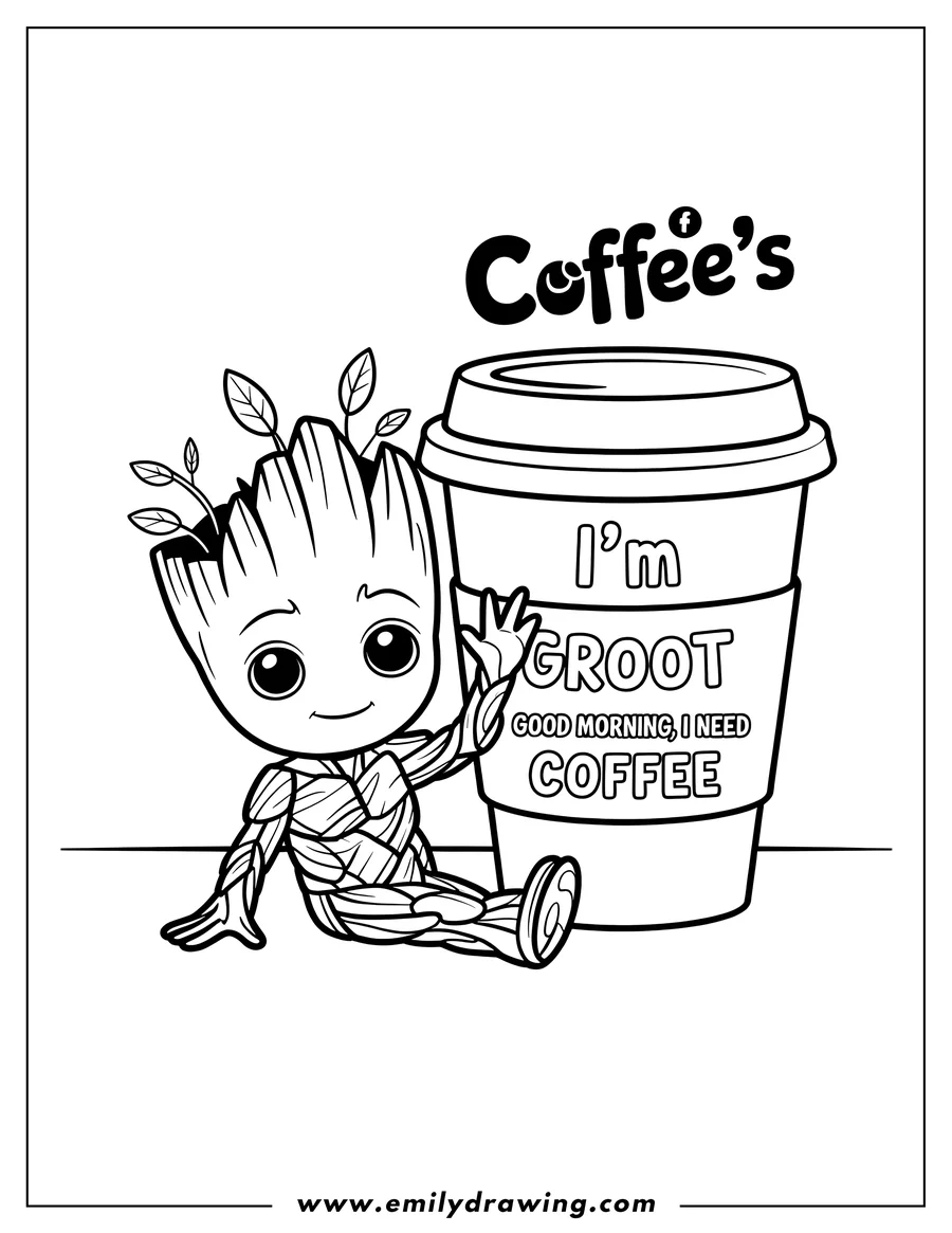 Outline of Baby Groot sitting down, leaning on a large disposable coffee cup. The cup features text saying, 