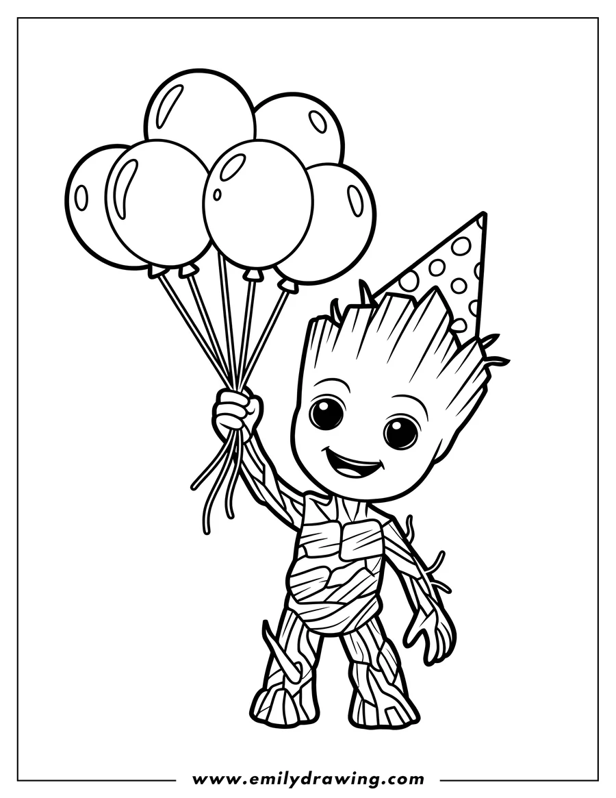 Outline of Baby Groot smiling, wearing a polka-dot party hat, and holding a large bunch of balloons by their strings.