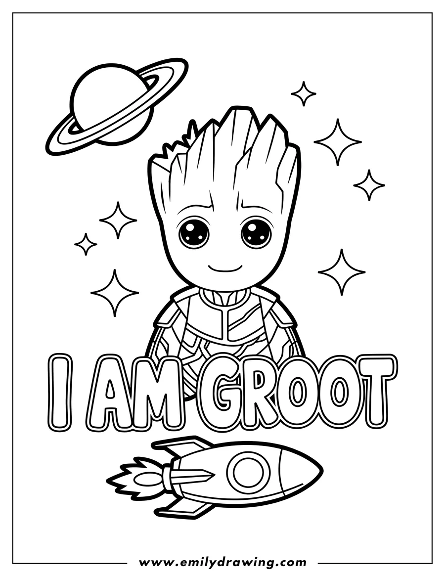 Outline of Baby Groot standing beneath a ringed planet, with a detailed rocket ship beneath the text 