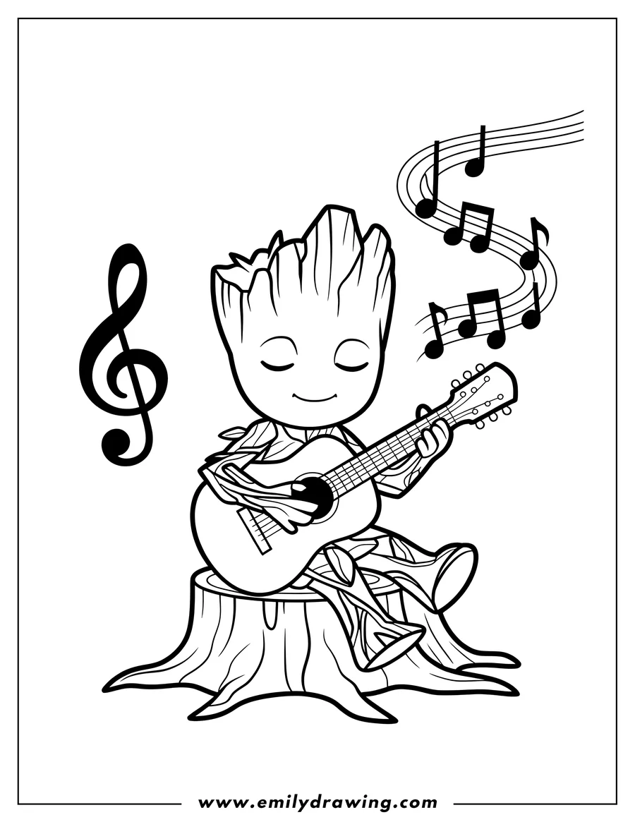 Line art of Baby Groot sitting comfortably on a wooden tree stump, playing an acoustic guitar. Musical notes and a large treble clef symbol float around him as he smiles with his eyes closed.