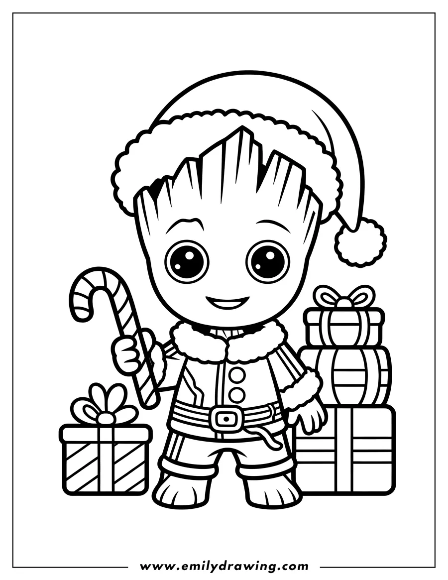 Line art of Baby Groot wearing a fluffy Santa hat and winter suit, holding a large striped candy cane, standing next to a stack of Christmas presents.