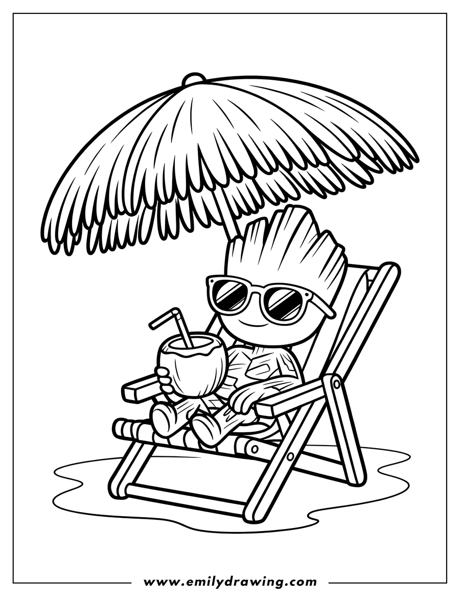 Outline of Baby Groot wearing sunglasses, relaxing in a beach deck chair under a large straw umbrella while holding a coconut beverage with a straw.