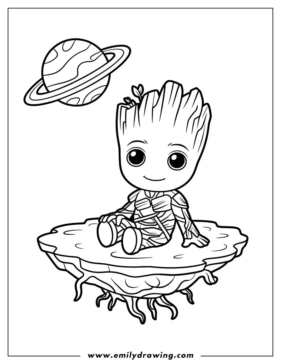 Outline of Baby Groot sitting on a floating chunk of rock or root system, smiling happily, with a large, ringed planet floating nearby in the cosmic background.