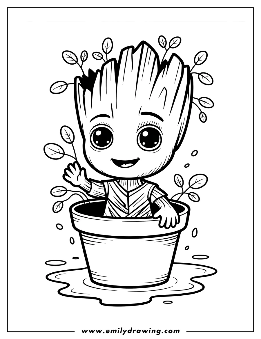 Outline of Baby Groot sitting inside a large flowerpot, smiling happily with leaves sprouting from his head.