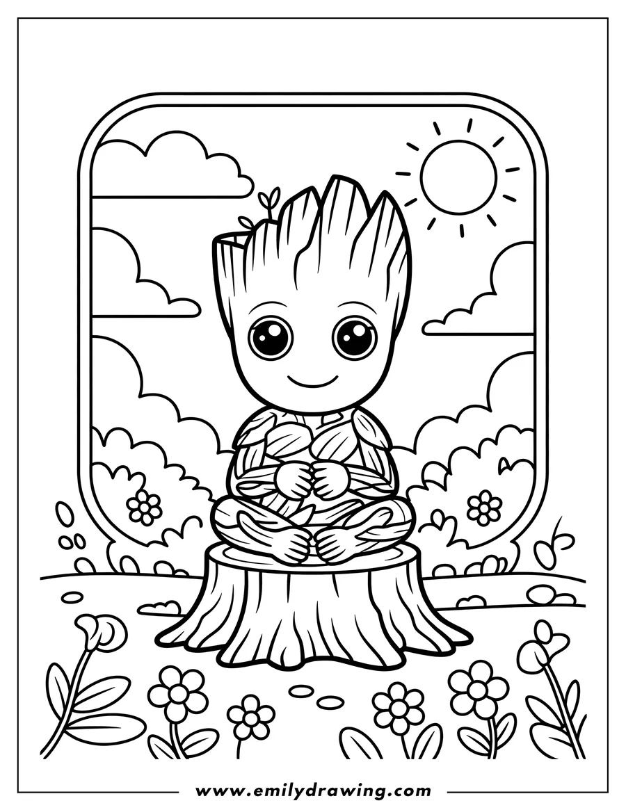 Line art featuring Baby Groot sitting cross-legged in a meditative pose on a wooden tree stump. The scene includes stylized clouds, a sun, bushes, and small flowers in a round frame.