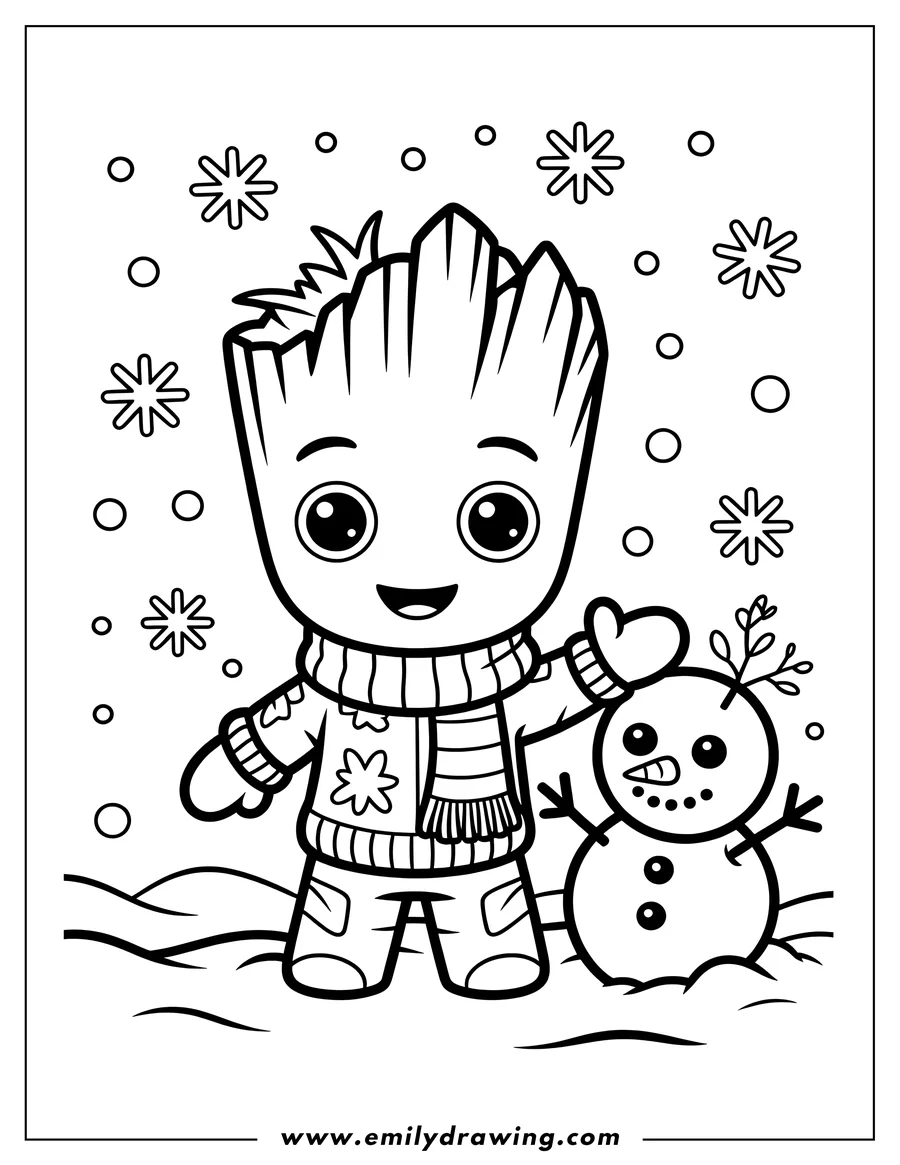 Outline of Baby Groot wearing a scarf, sweater, and mittens, standing next to a small snowman while large snowflakes fall onto the snowy ground.