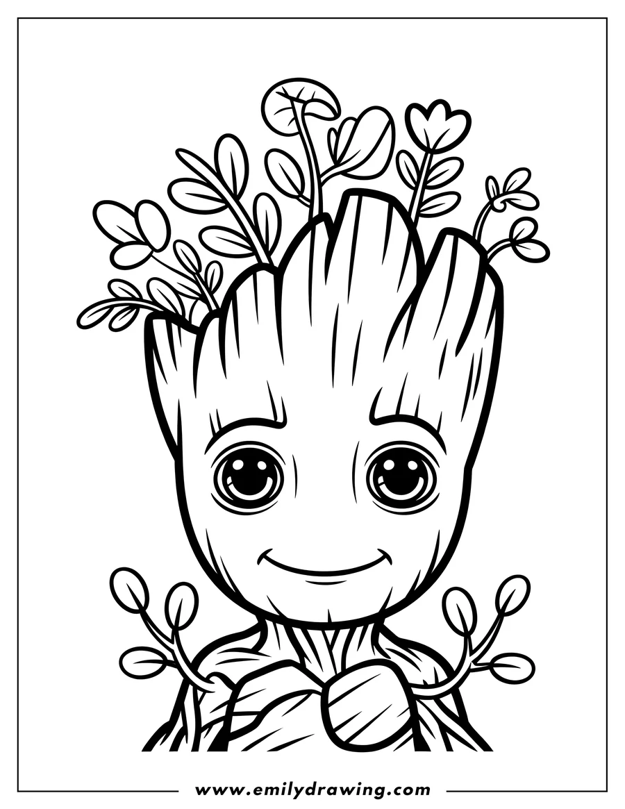 Outline of Baby Groot smiling sweetly, depicted with large eyes and numerous leaves and flowers sprouting from the top of his wooden head.