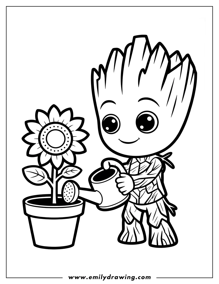 Line art of Baby Groot happily watering a large sunflower planted in a flower pot using a small watering can.