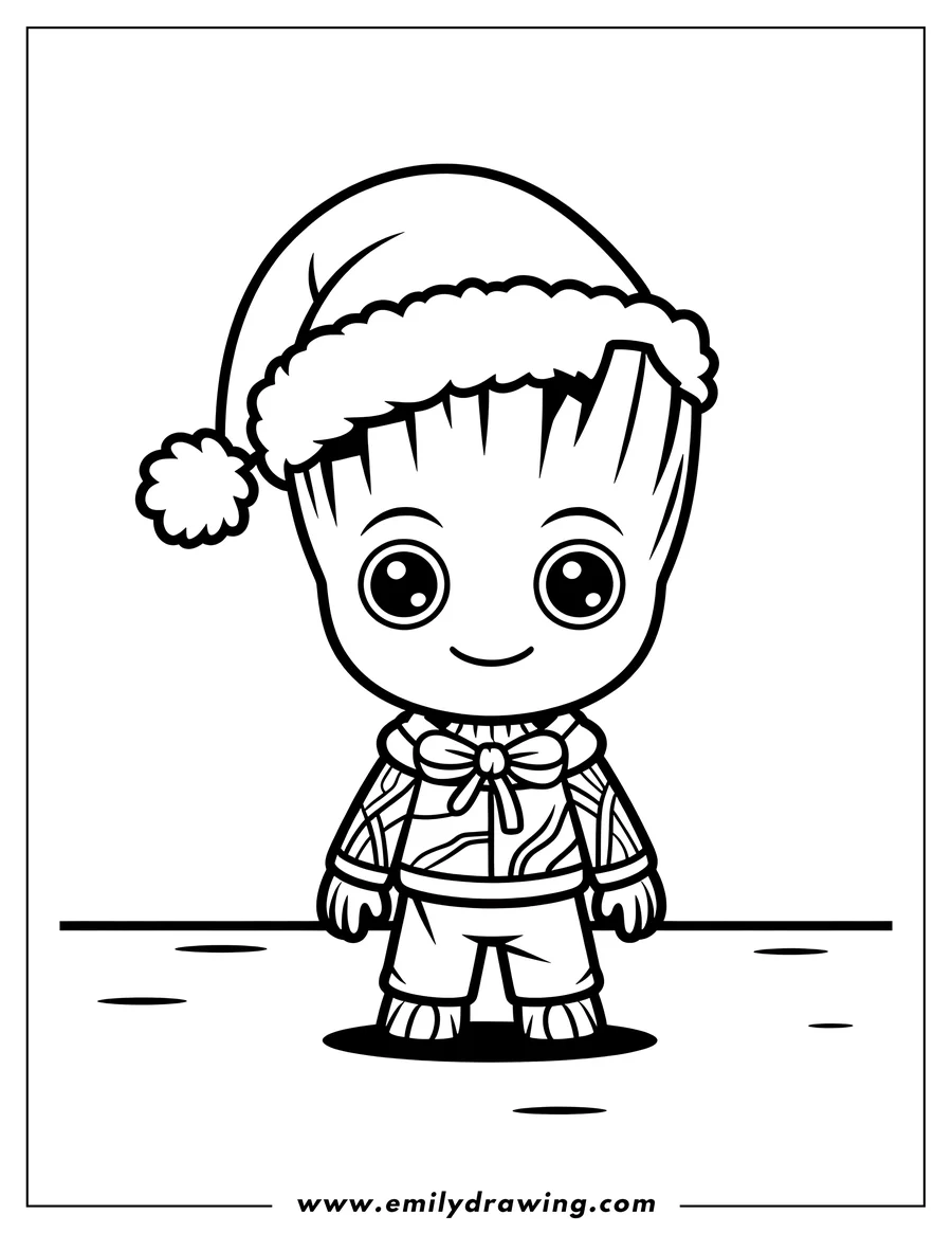Outline of Baby Groot standing, dressed in a Christmas Santa hat and a festive patterned sweater with a bow.