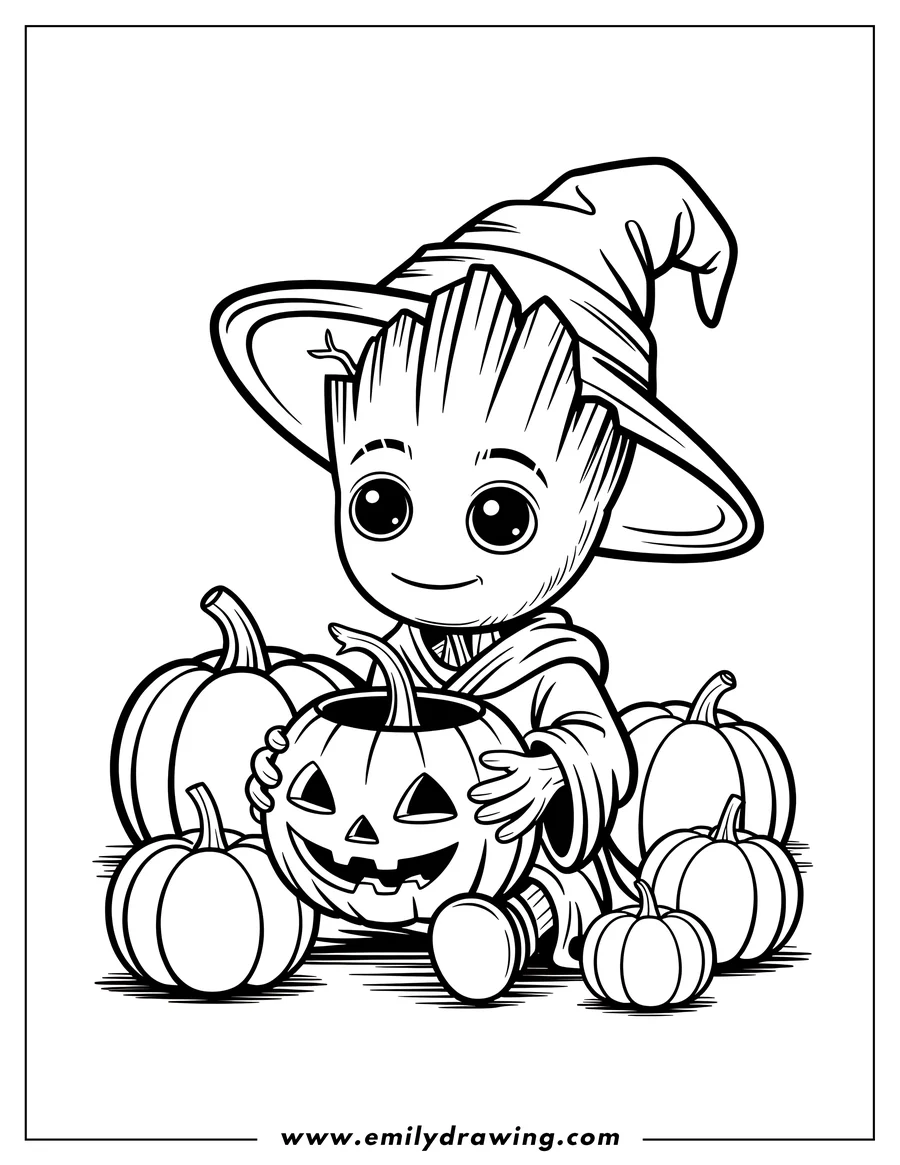 Outline of Baby Groot wearing a pointed witch hat and a hooded robe, sitting surrounded by pumpkins while holding a carved jack-o'-lantern.
