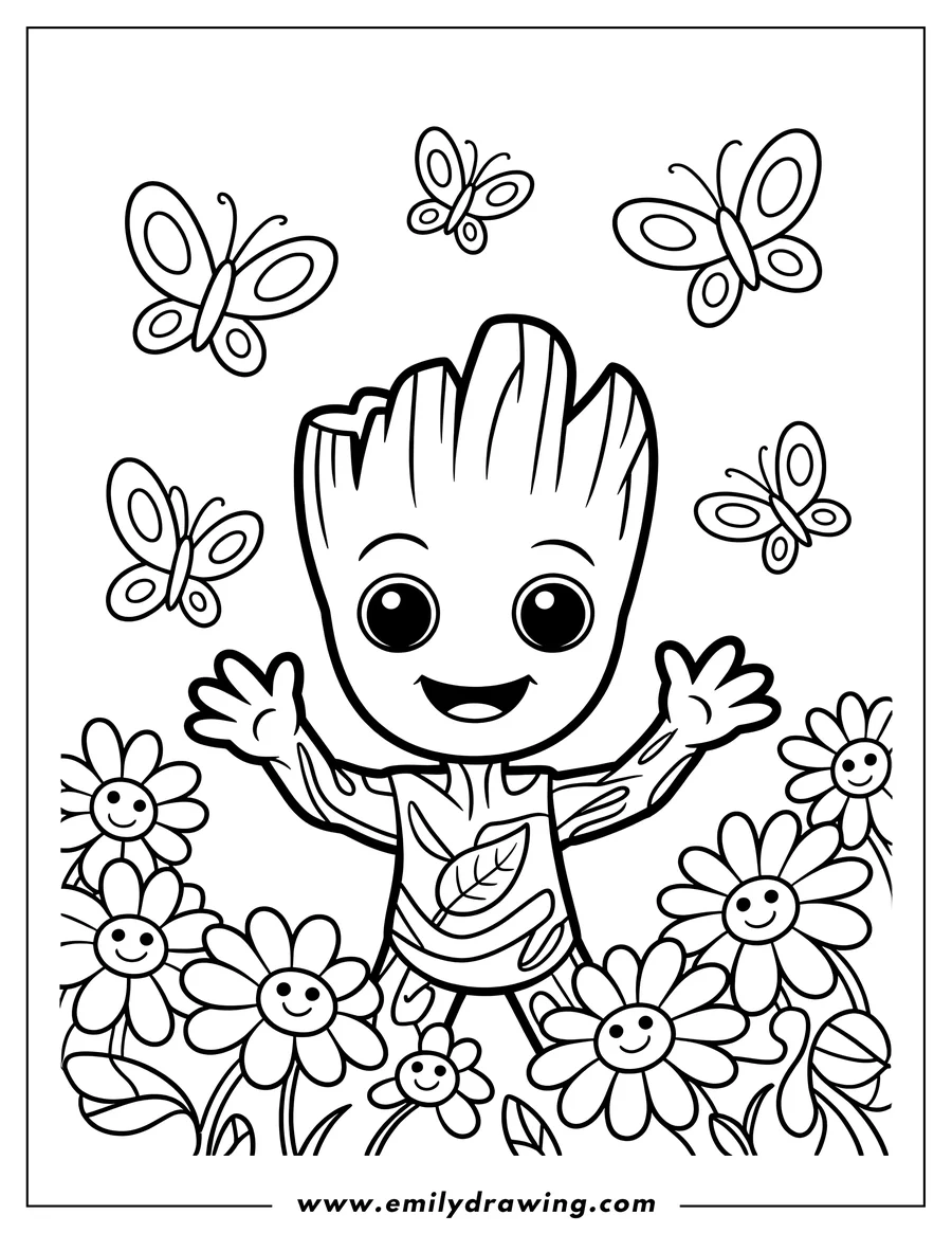 Outline of Baby Groot standing happily in a garden surrounded by smiling daisy-like flowers and four butterflies flying above him.