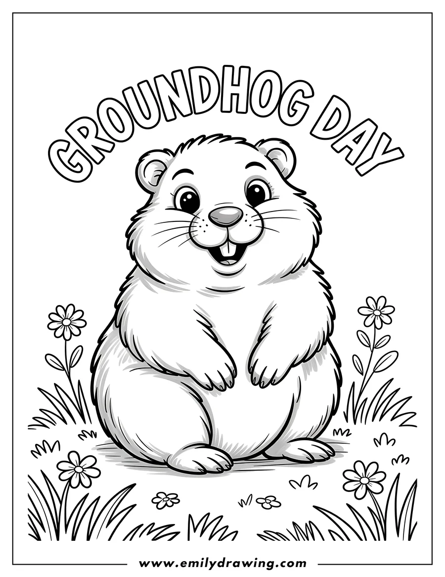 Outline of a cartoon groundhog sitting upright and smiling, surrounded by grass and daisies, with the words