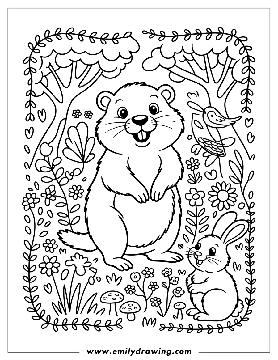 Outline of a happy groundhog standing upright next to a small rabbit, surrounded by dense forest foliage, flowers, trees, and a small bird.