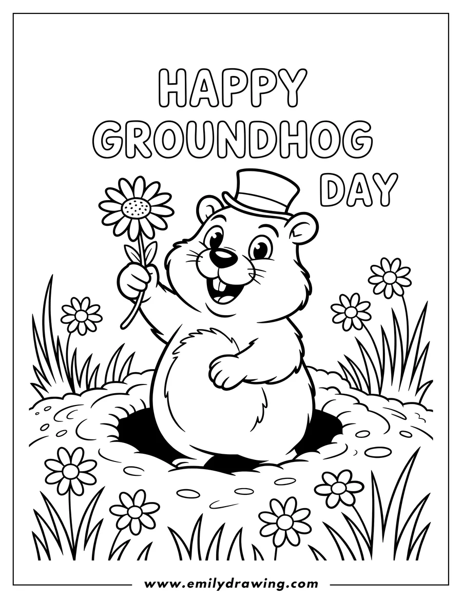 Cartoon groundhog in a top hat emerging from a burrow, holding a daisy flower, surrounded by grass and flowers, with text 'HAPPY GROUNDHOG DAY'.