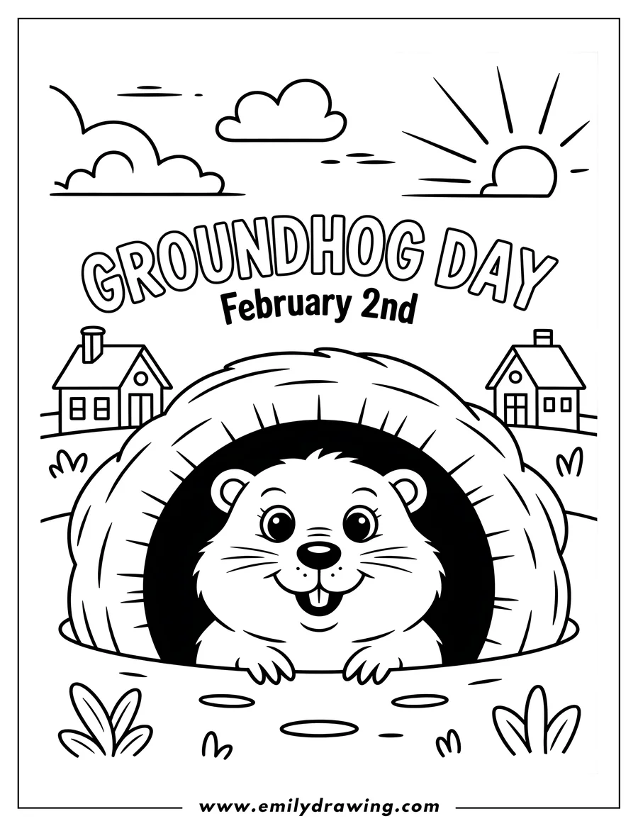 Line art showing a cheerful groundhog emerging from its burrow, with text overhead reading 'GROUNDHOG DAY February 2nd.' Houses and a rising sun are visible in the background.
