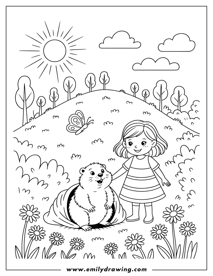 Outline of a girl standing next to a large, friendly groundhog on a sunny, grassy hill. The scene includes trees, clouds, a butterfly, and daisies in the foreground.