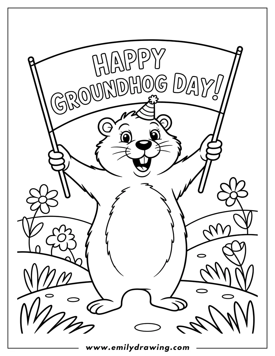 Outline of a smiling cartoon groundhog wearing a party hat and holding a large banner reading 'Happy Groundhog Day!', standing in a field with flowers.