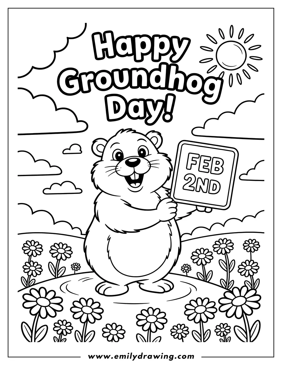 Outline of a cheerful groundhog standing in a grassy field surrounded by daisy flowers. The groundhog is holding up a sign reading 'FEB 2ND.' Text above reads 'Happy Groundhog Day!'