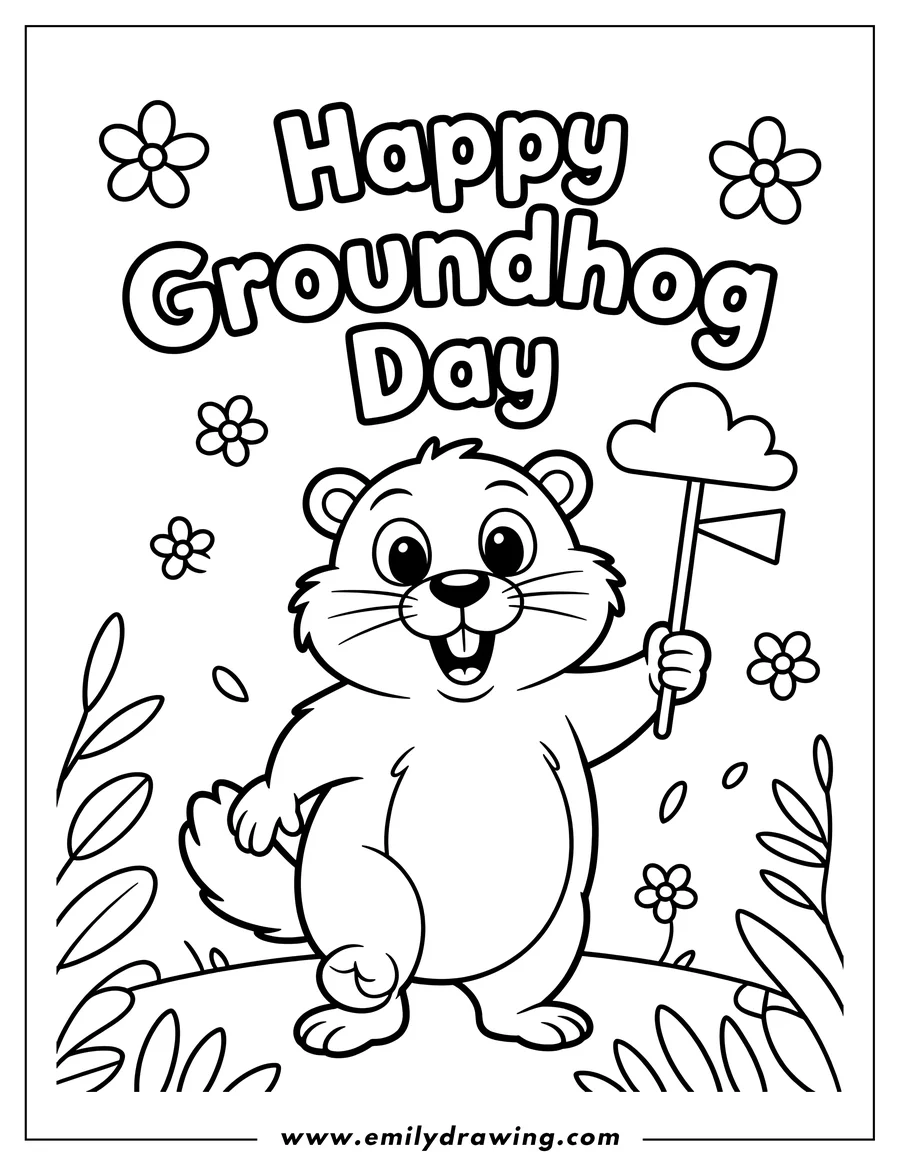Outline of a cute cartoon groundhog standing on a grassy hill, holding a stick topped with a cloud or shadow shape. The image includes the text